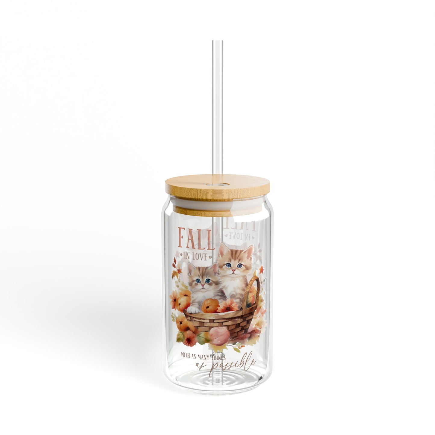 'Fall In Love With As Many Things As Possible' | 16oz Custom Sipper Glass with Bamboo Lid & Straw – Perfect for Sweet Treats and Family Parties