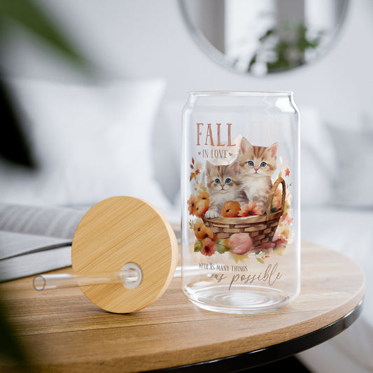 'Fall In Love With As Many Things As Possible' | 16oz Custom Sipper Glass with Bamboo Lid & Straw – Perfect for Sweet Treats and Family Parties