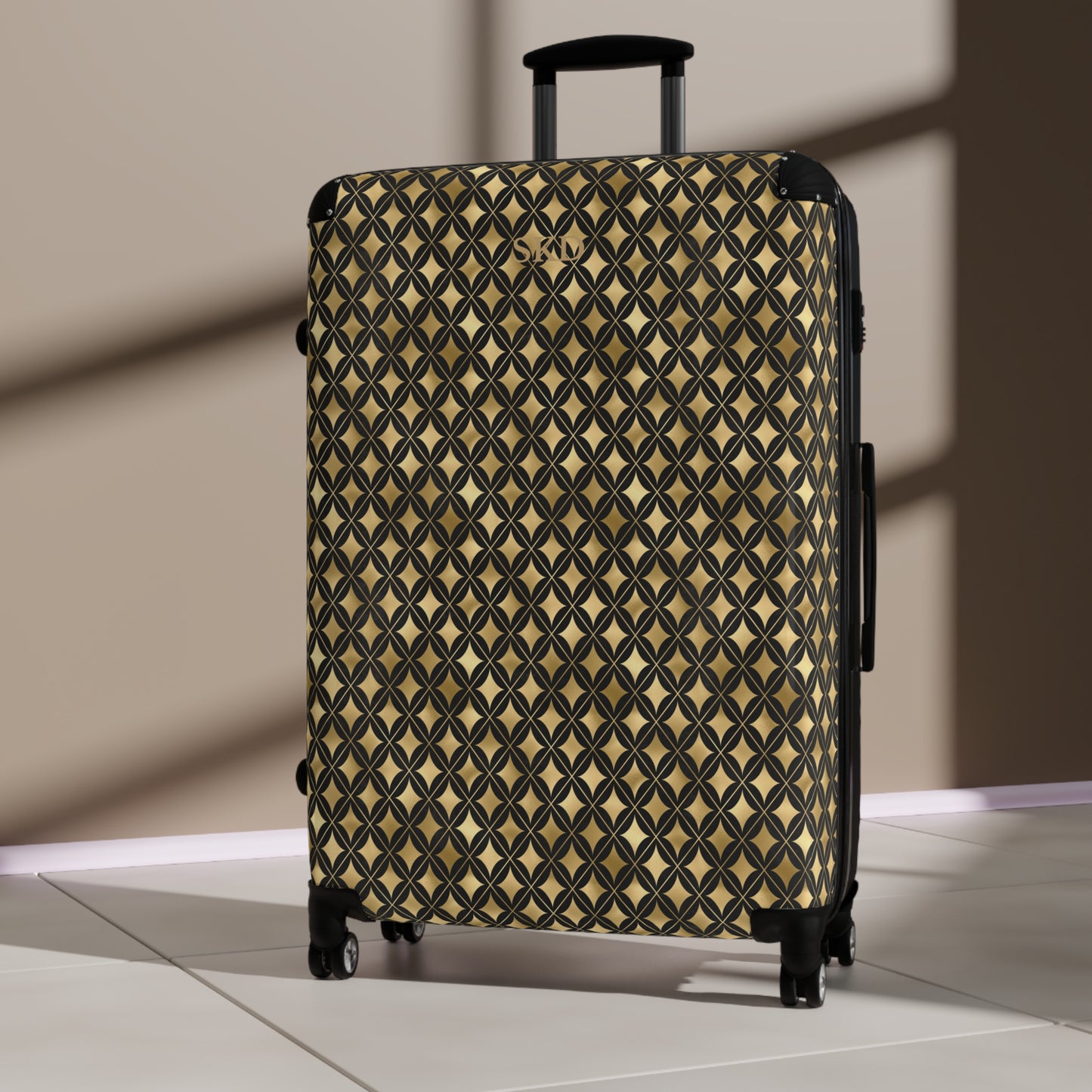 Prestige Legacy | Black & Gold Diamond Pattern Suitcase with Built-In Lock and Durable Protection | Luxurious and Enduring Travel, Lightweight Carry-On, Vacation Essential