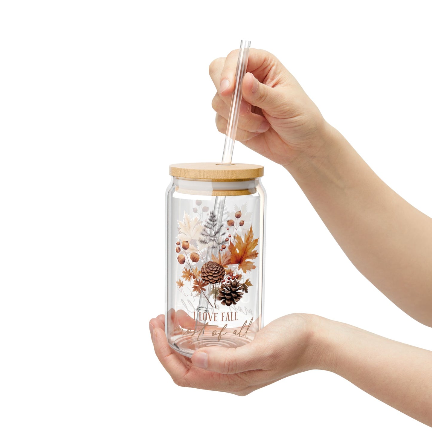 'I Love Fall Most of All' | 16oz Custom Sipper Glass with Bamboo Lid & Straw – Perfect for Sweet Treats and Family Parties