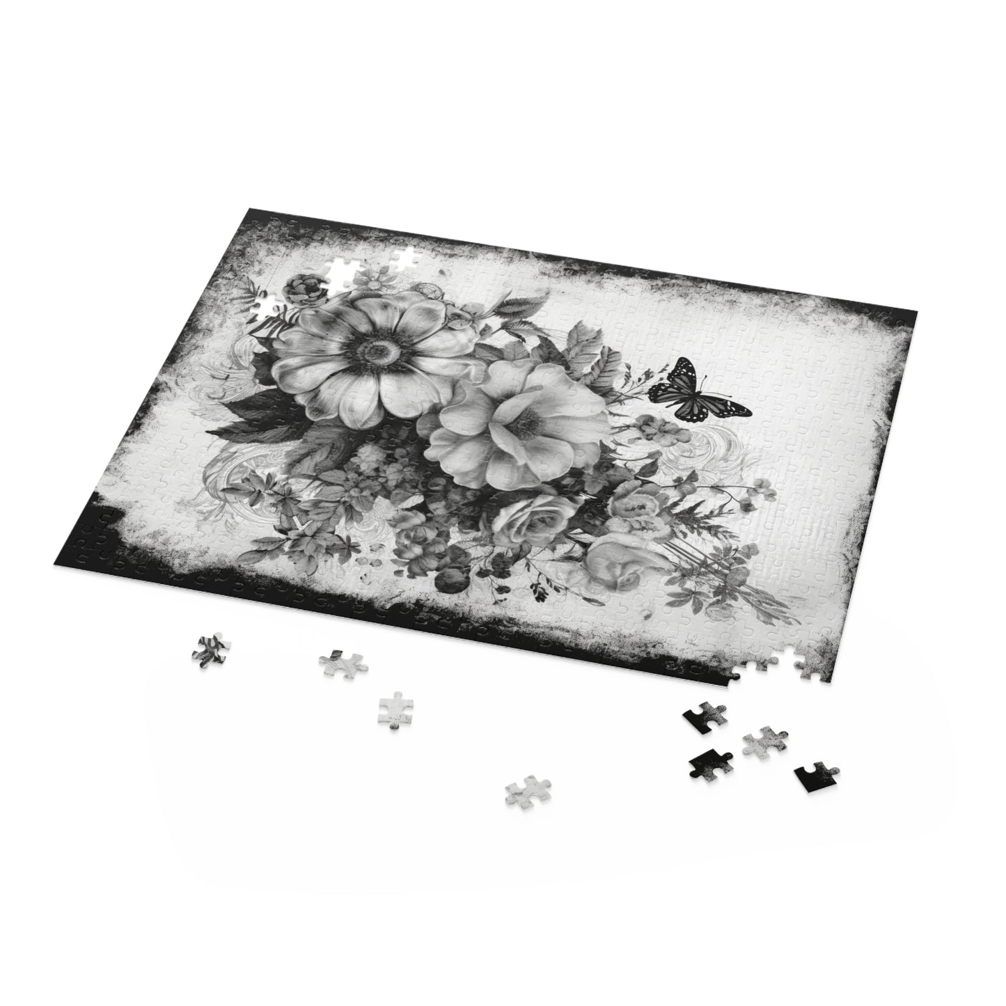 Black & White Roses Puzzle with Butterfly – Custom Elegant Floral Design | 3 Sizes for Mindful Relaxation