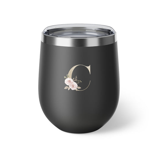 Letter C - Personalized Elegant Pink Rose Copper Vacuum Insulated Cup, 12 oz – Perfect for Weddings