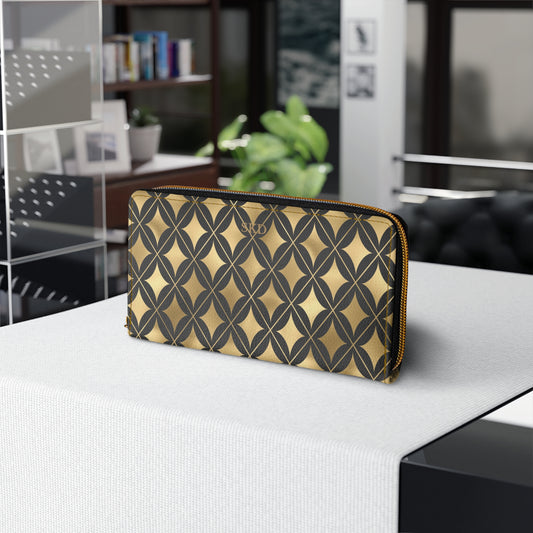Vault Exclusive: Prestige Legacy | Black & Gold Diamond Pattern Zipper Wallet | Luxurious & Enduring Gift for Ladies