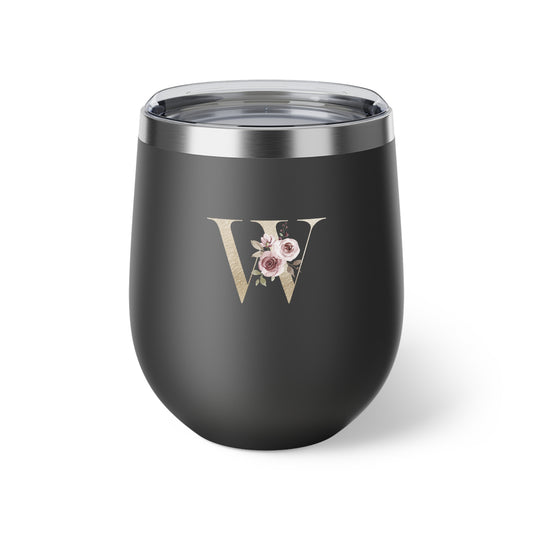 Letter W - Personalized Elegant Pink Rose Copper Vacuum Insulated Cup, 12 oz – Perfect for Weddings