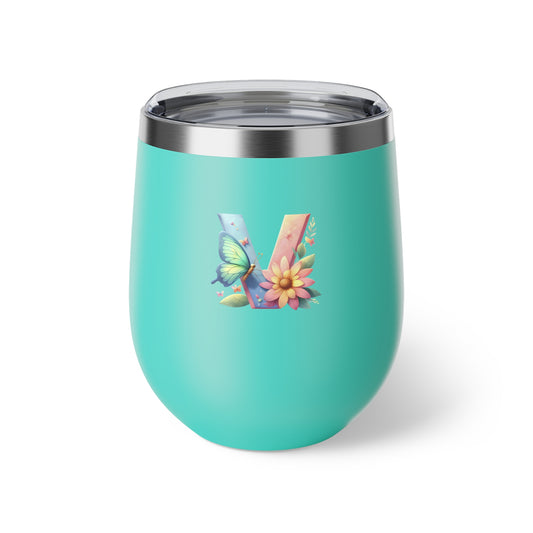 Letter V - Personalized Whimsical Butterfly Over Turqoise Copper Vacuum Insulated Cup, 12 oz – Perfect for Weddings