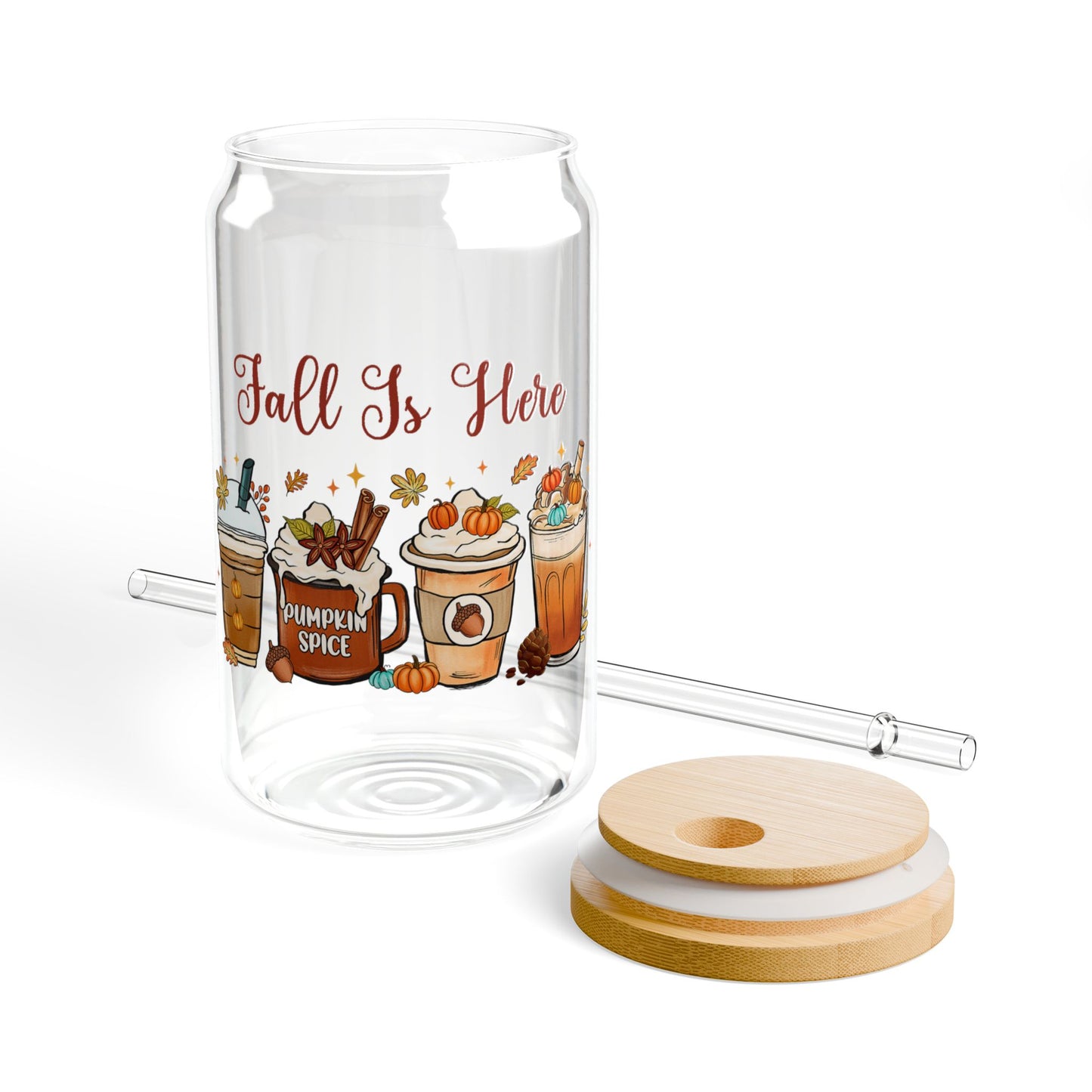'Fall Is Here' | 16oz Custom Sipper Glass with Bamboo Lid & Straw – Perfect for Sweet Treats and Family Parties