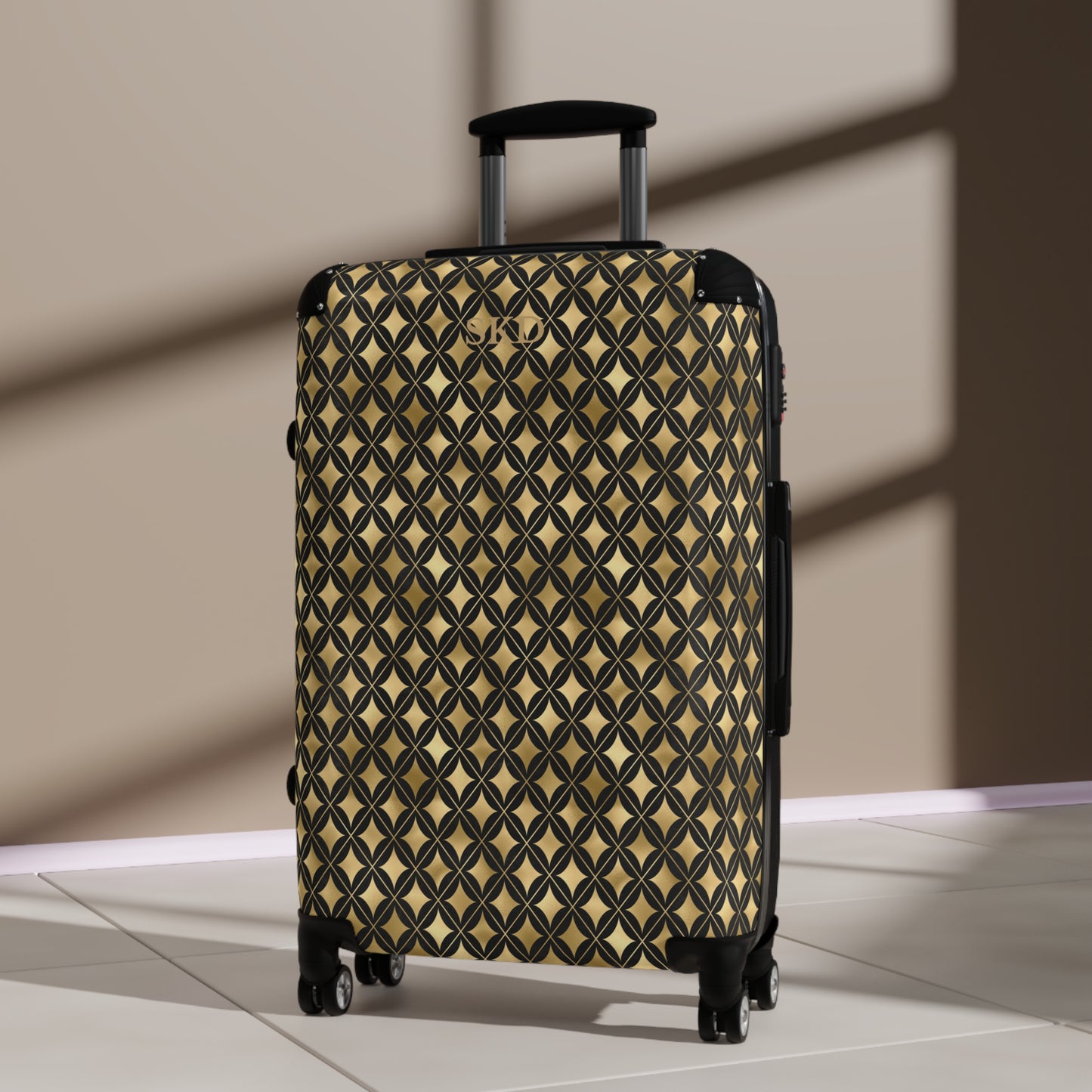 Prestige Legacy | Black & Gold Diamond Pattern Suitcase with Built-In Lock and Durable Protection | Luxurious and Enduring Travel, Lightweight Carry-On, Vacation Essential
