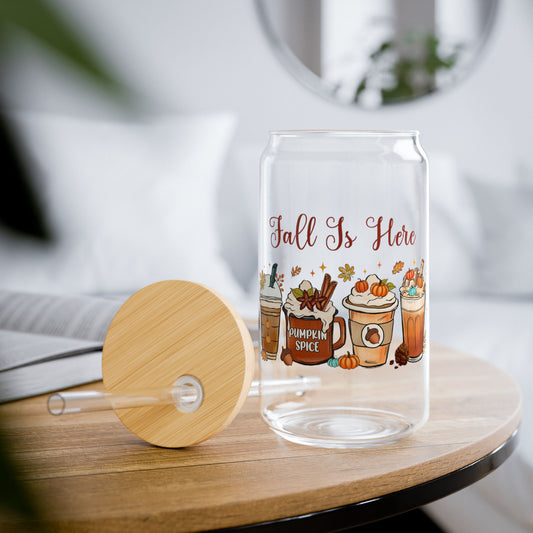 'Fall Is Here' | 16oz Custom Sipper Glass with Bamboo Lid & Straw – Perfect for Sweet Treats and Family Parties