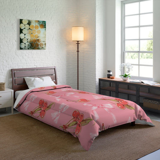 Cozy Pink Comforter with Red Cherries & Bows – Cozy, Fluffy, and Stylish Bedding for a Warm Night's Sleep