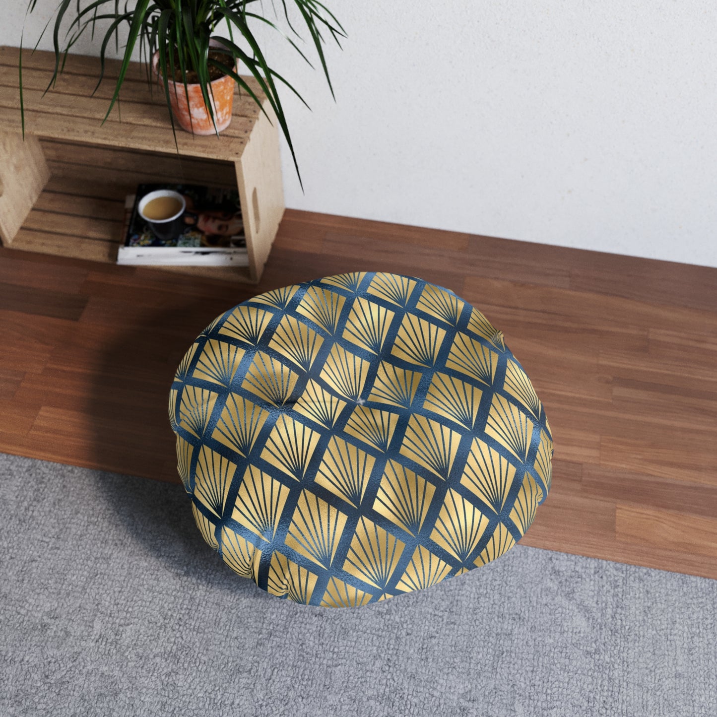 Art Deco Elegance | Gold & Blue Tufted Round Pillow | Timeless Glamour with Geometric Luxe Design