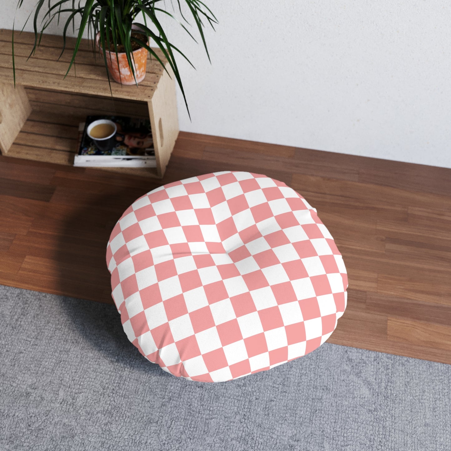 Blush Checkered Round Tufted Floor Pillow | Playful Vintage Style Meets Plush Comfort
