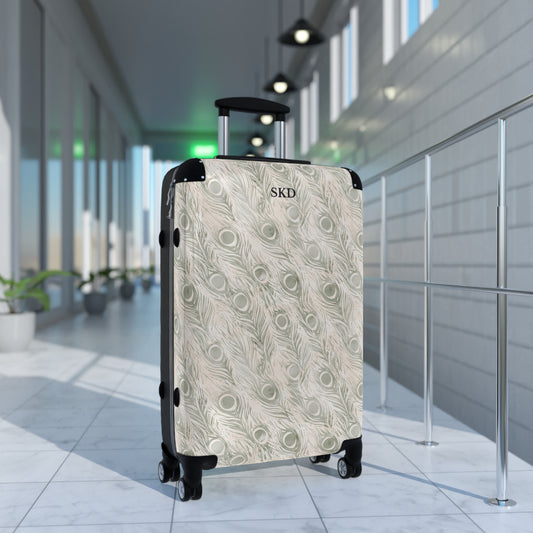 Vault Exclusive: Snowy Plume | White Feather Peacock Patterned Suitcase with Built-In Lock and Durable Protection | Pristine Beauty for Stylish Travel, Lightweight Carry-On, Vacation Essential