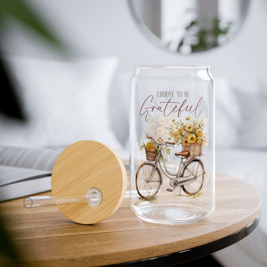 'Choose To Be Grateful' | 16oz Custom Sipper Glass with Bamboo Lid & Straw – Perfect for Sweet Treats and Family Parties