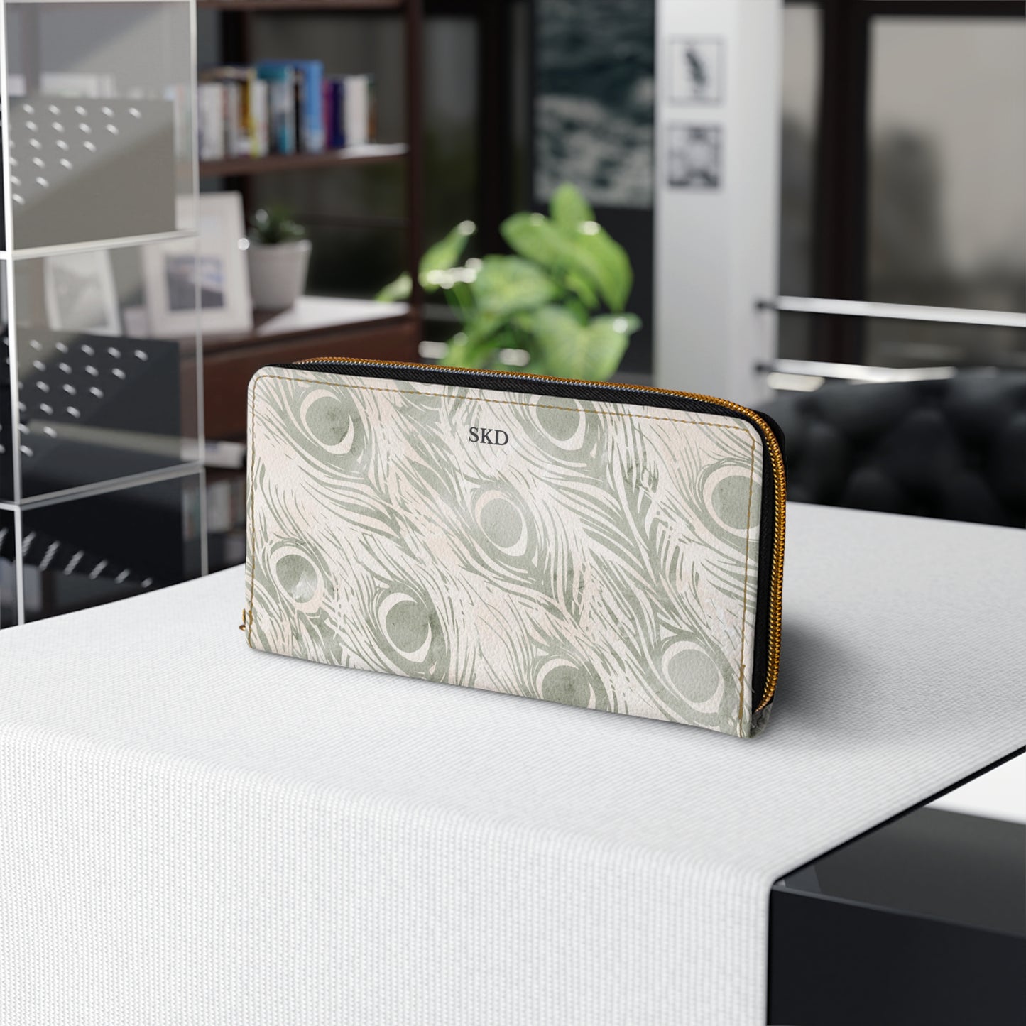 Vault Exclusive: Snowy Plume | Sage & Cream Peacock Feather-Patterned Zipper Wallet | Pristine Beauty for Winter & Bridal Occasions