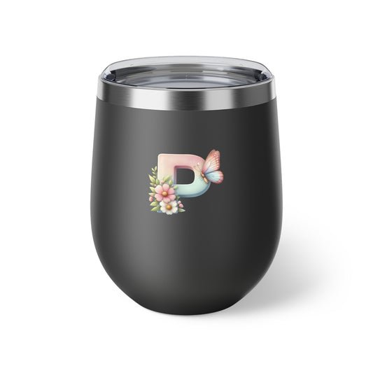 Letter P - Personalized Whimsical Butterfly Copper Vacuum Insulated Cup, 12 oz – Perfect for Weddings