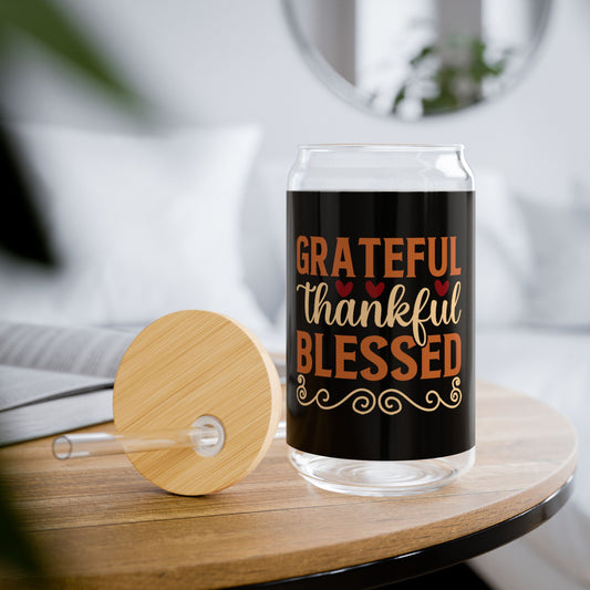 "Grateful Thankful Blessed" | 16oz Custom Sipper Glass with Bamboo Lid & Straw – Perfect for Sweet Treats and Family Parties