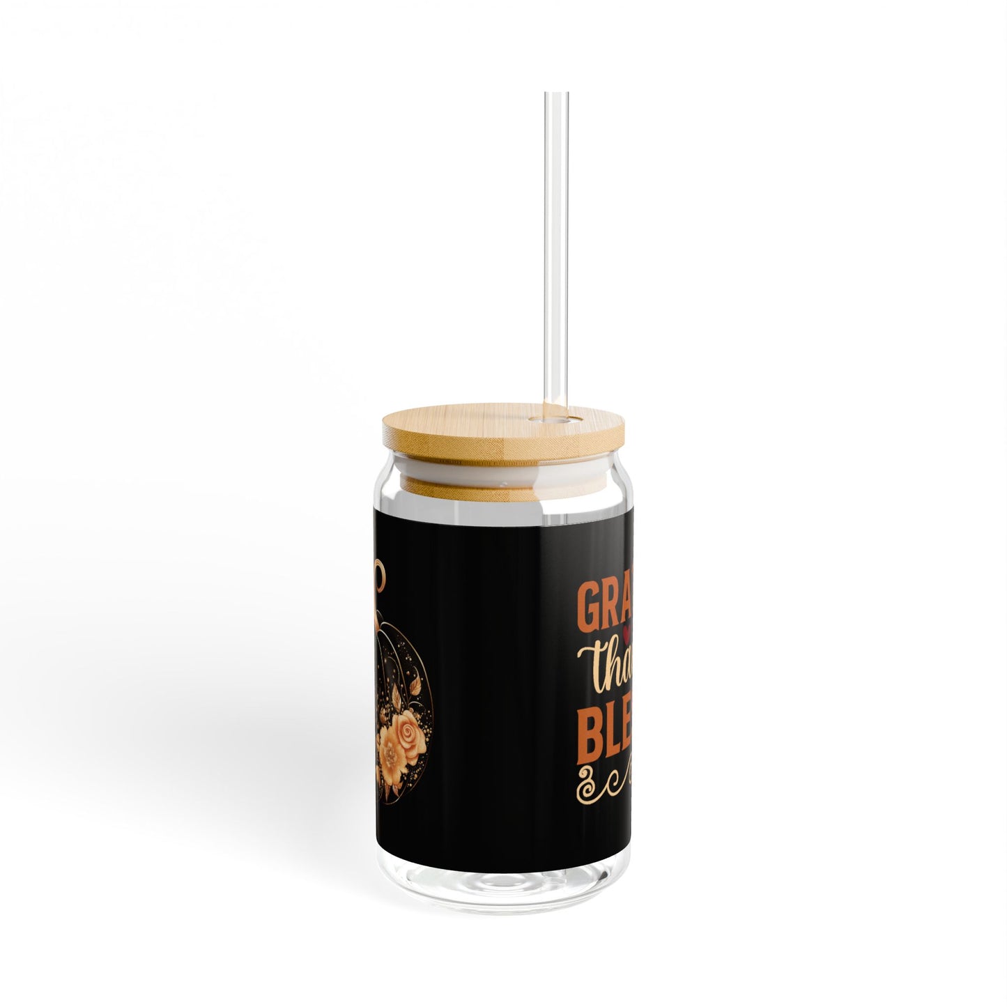 "Grateful Thankful Blessed" | 16oz Custom Sipper Glass with Bamboo Lid & Straw – Perfect for Sweet Treats and Family Parties