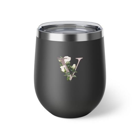 Letter V - Personalized Romantic White Rose Copper Vacuum Insulated Cup, 12 oz – Perfect for Weddings
