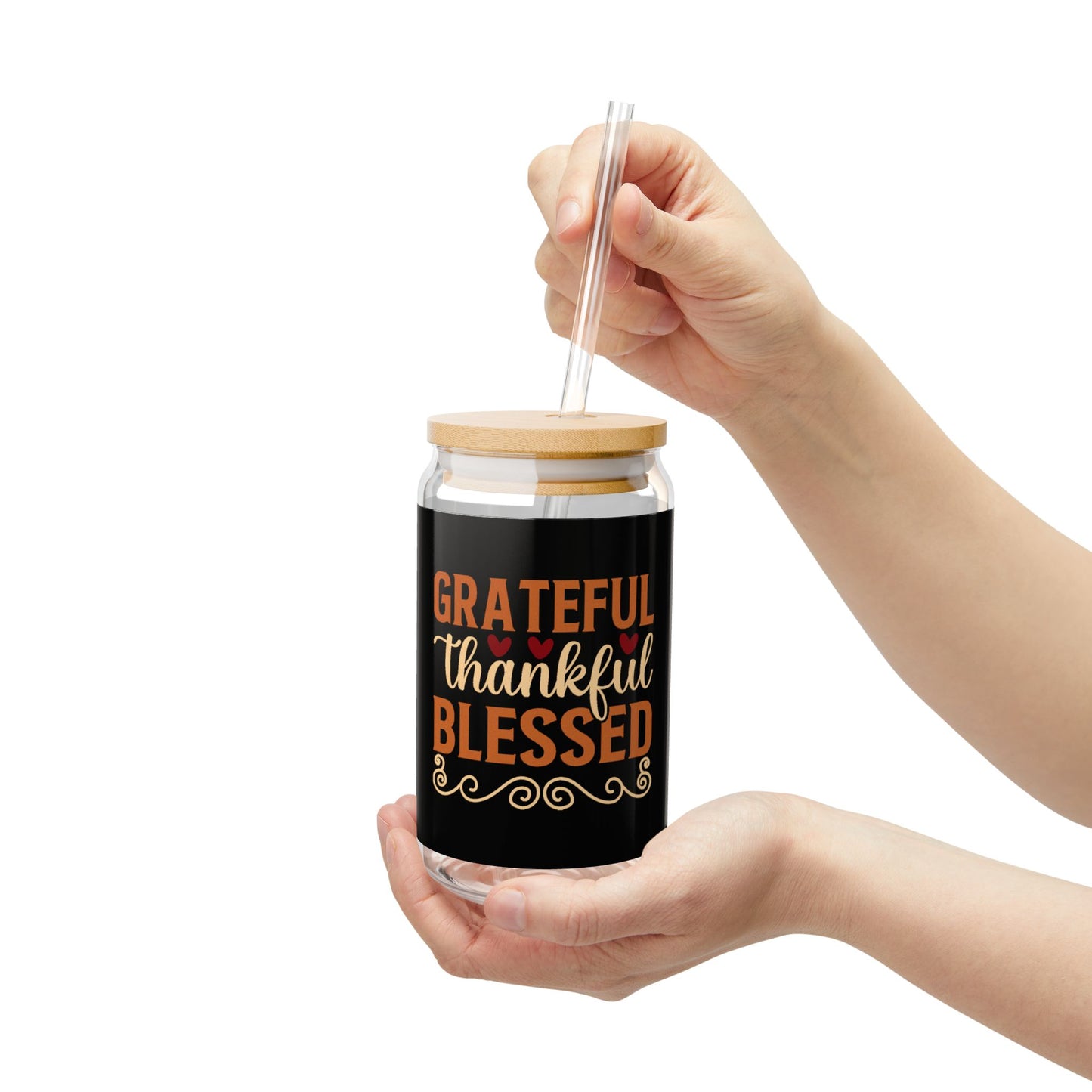 "Grateful Thankful Blessed" | 16oz Custom Sipper Glass with Bamboo Lid & Straw – Perfect for Sweet Treats and Family Parties