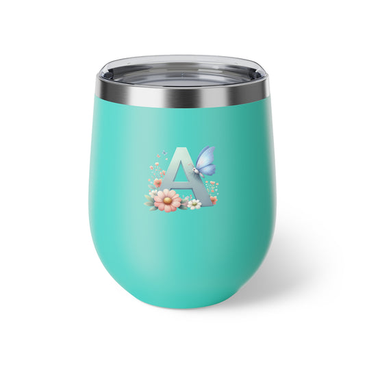 Letter A - Personalized Whimsical Butterfly Over Turquoise Copper Vacuum Insulated Cup, 12 oz – Perfect for Weddings