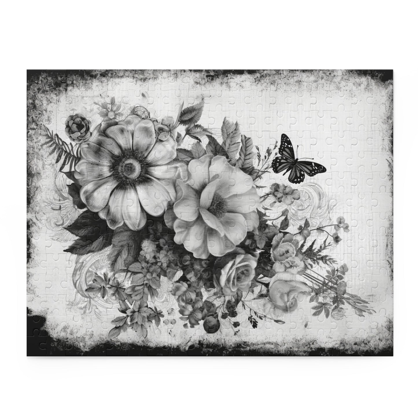 Black & White Roses Puzzle with Butterfly – Custom Elegant Floral Design | 3 Sizes for Mindful Relaxation
