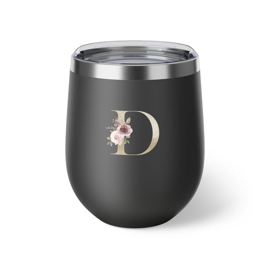 Letter D - Personalized Elegant Pink Rose Copper Vacuum Insulated Cup, 12 oz – Perfect for Weddings