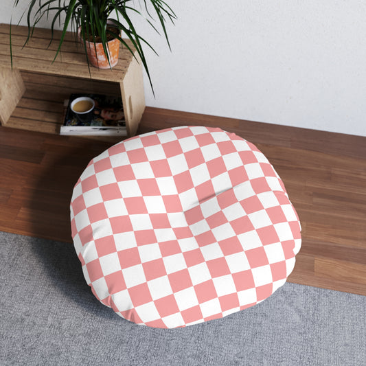 Blush Checkered Round Tufted Floor Pillow | Playful Vintage Style Meets Plush Comfort