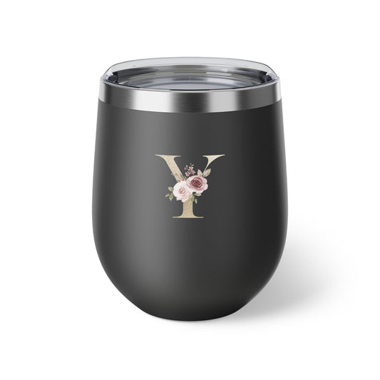 Letter Y - Personalized Elegant Pink Rose Copper Vacuum Insulated Cup, 12 oz – Perfect for Weddings