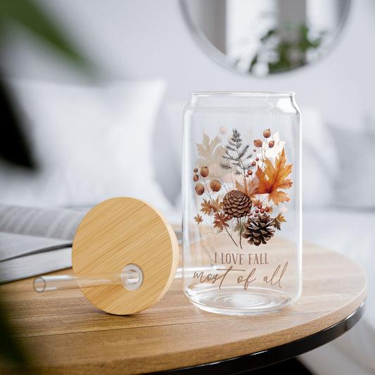 'I Love Fall Most of All' | 16oz Custom Sipper Glass with Bamboo Lid & Straw – Perfect for Sweet Treats and Family Parties