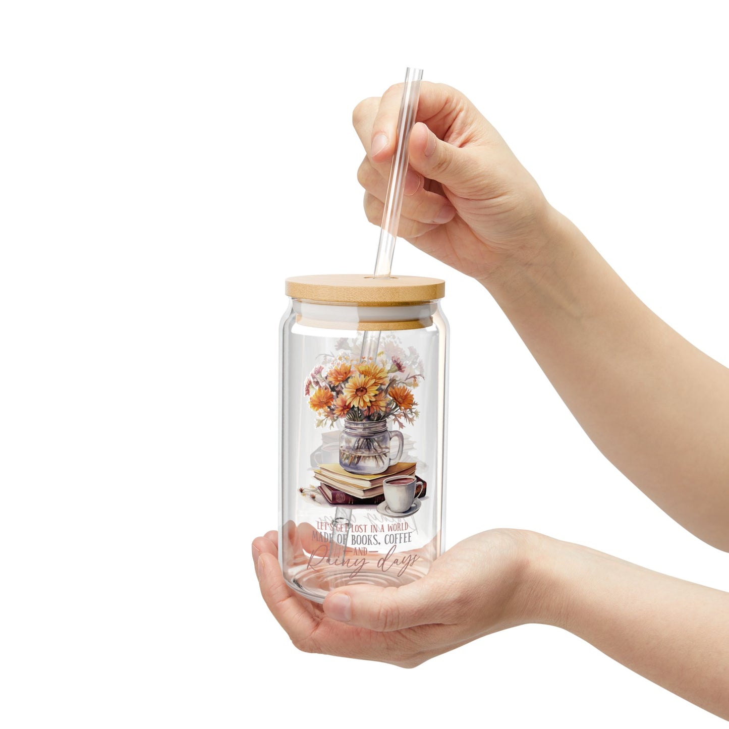 'Books Coffee and Rainy Days' | 16oz Custom Sipper Glass with Bamboo Lid & Straw – Perfect for Sweet Treats and Family Parties