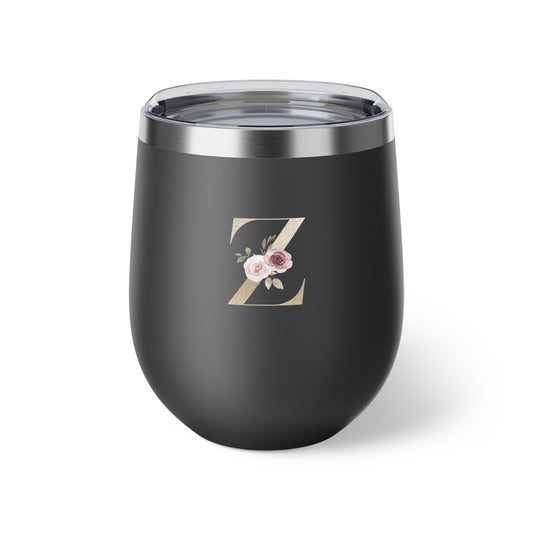 Letter Z - Personalized Elegant Pink Rose Copper Vacuum Insulated Cup, 12 oz – Perfect for Weddings