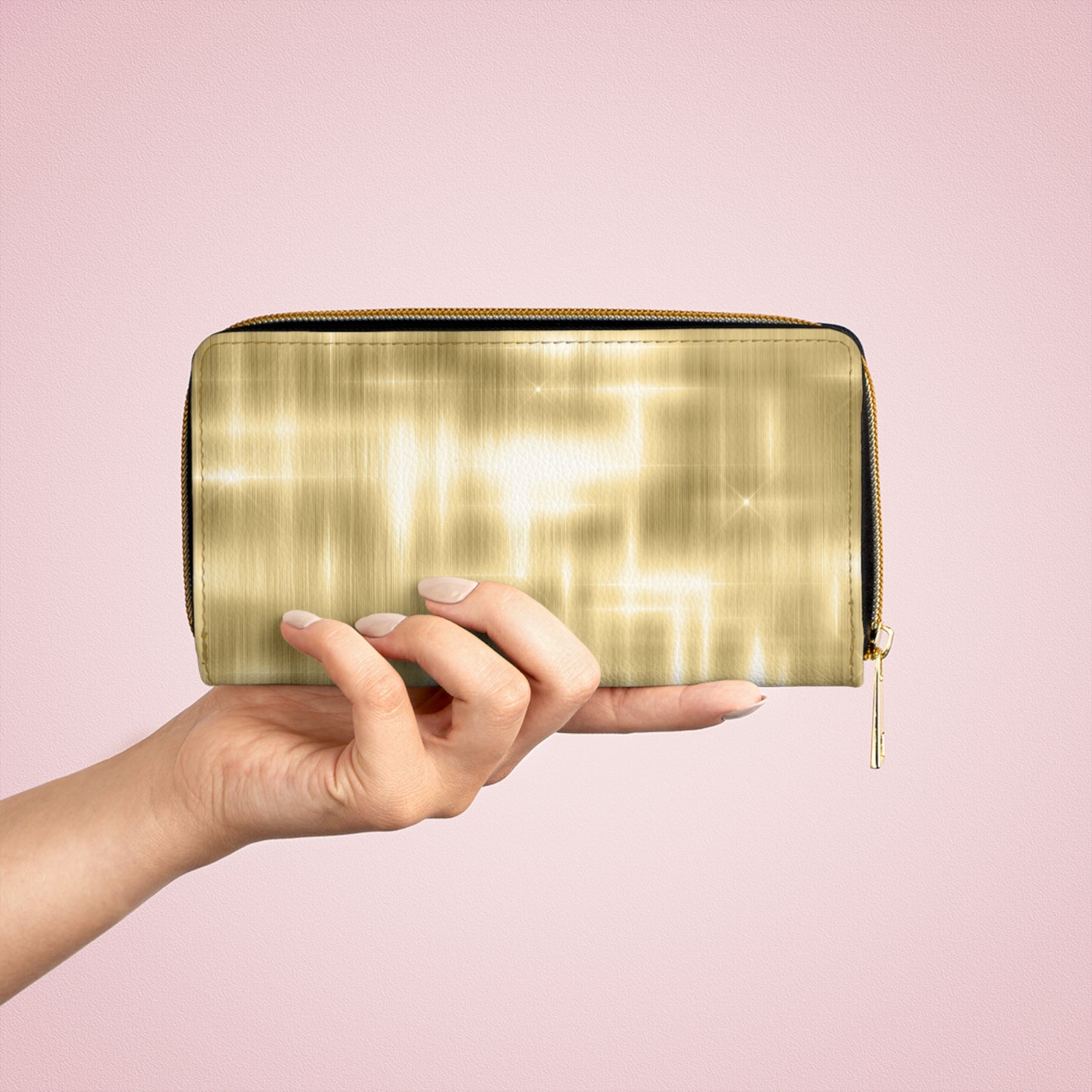 Collector's Vault: Aurum Gala | Radiant Gold Metallic Zipper Wallet | Glamorous Statement Accessory for Special Occasions