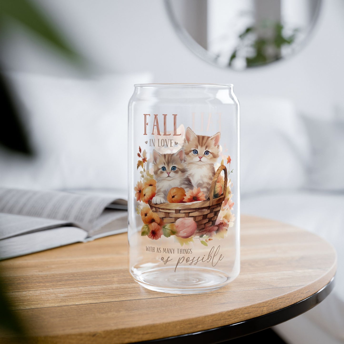 'Fall In Love With As Many Things As Possible' | 16oz Custom Sipper Glass with Bamboo Lid & Straw – Perfect for Sweet Treats and Family Parties