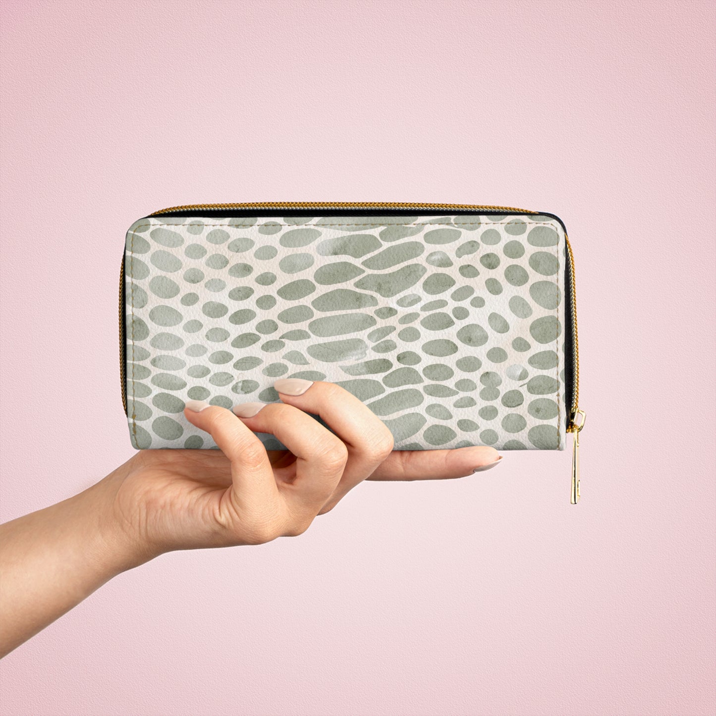 Core Collection: Pale Venom | Soft Sage-Taupe Faux Snake Zipper Wallet | Subtle Exotic Edge for Discerning Taste