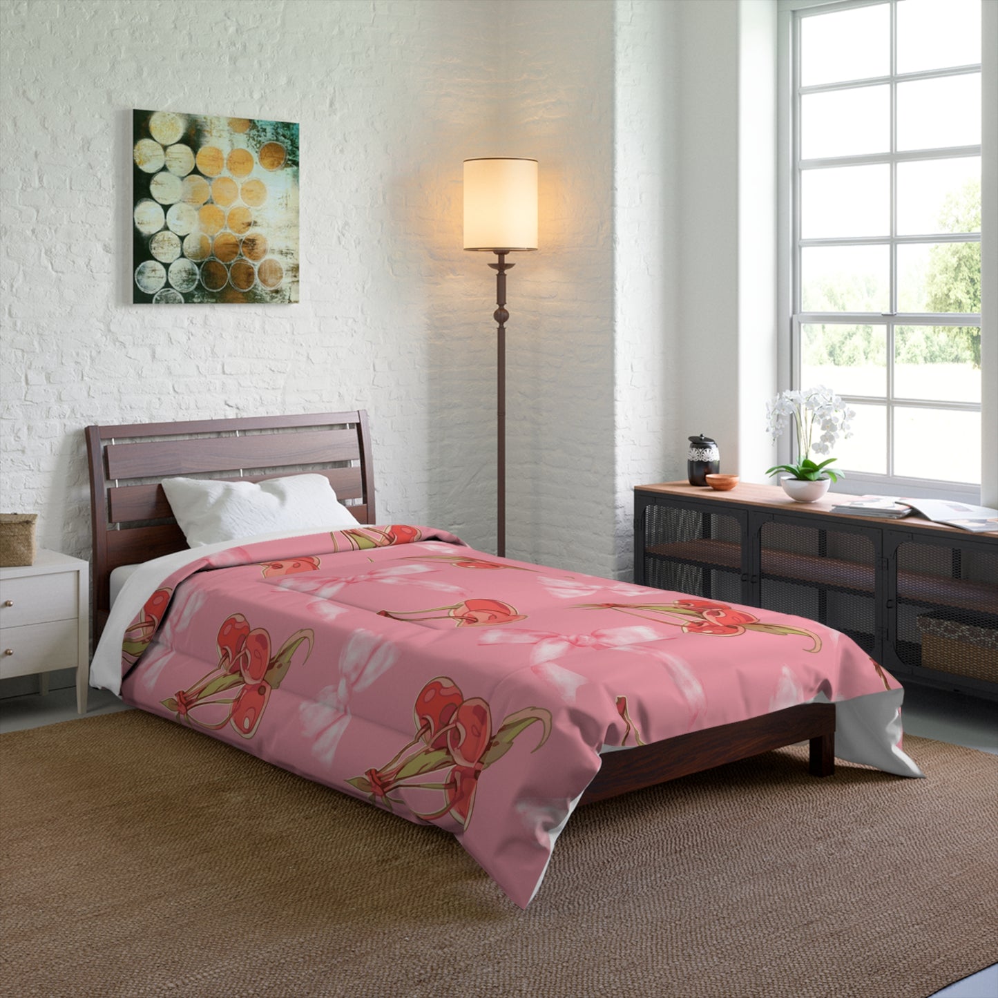 Cozy Pink Comforter with Red Cherries & Bows – Cozy, Fluffy, and Stylish Bedding for a Warm Night's Sleep