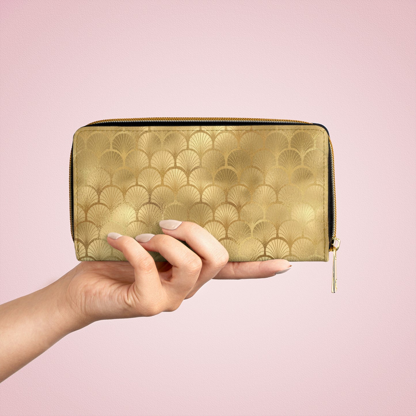 Collector's Vault: Gold Horizon | Metallic Gold Smooth Zipper Wallet | Sunlit Glamour for Every Celebration