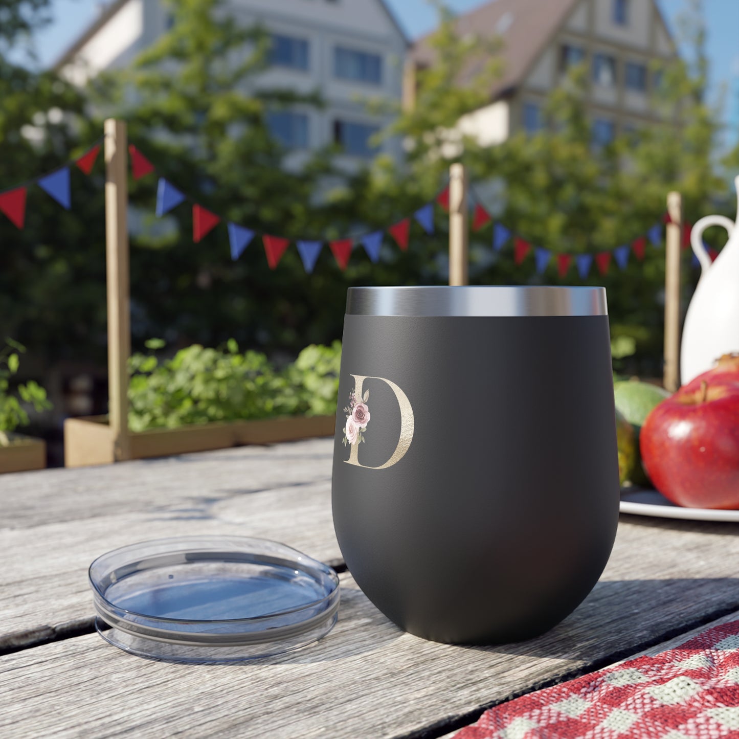 Letter D - Personalized Elegant Pink Rose Copper Vacuum Insulated Cup, 12 oz – Perfect for Weddings