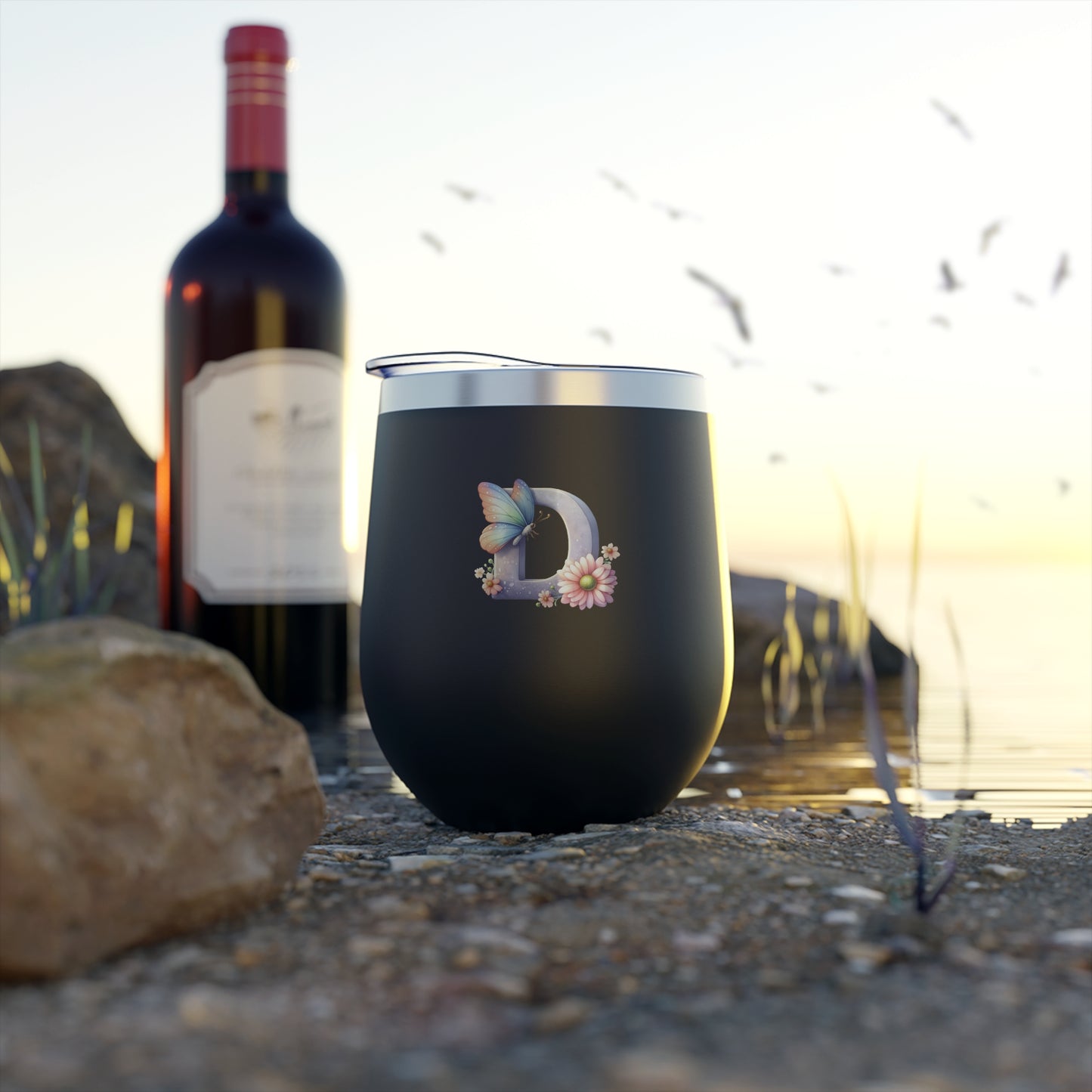 Letter D - Personalized Whimsical Butterfly Copper Vacuum Insulated Cup, 12 oz – Perfect for Weddings