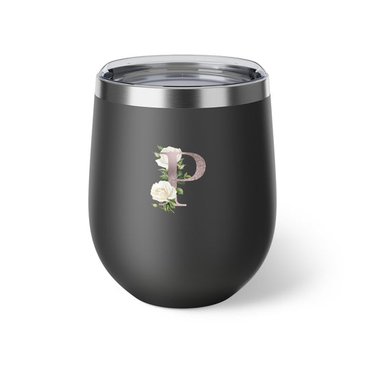 Letter P - Personalized Romantic White Rose Copper Vacuum Insulated Cup, 12 oz – Perfect for Weddings