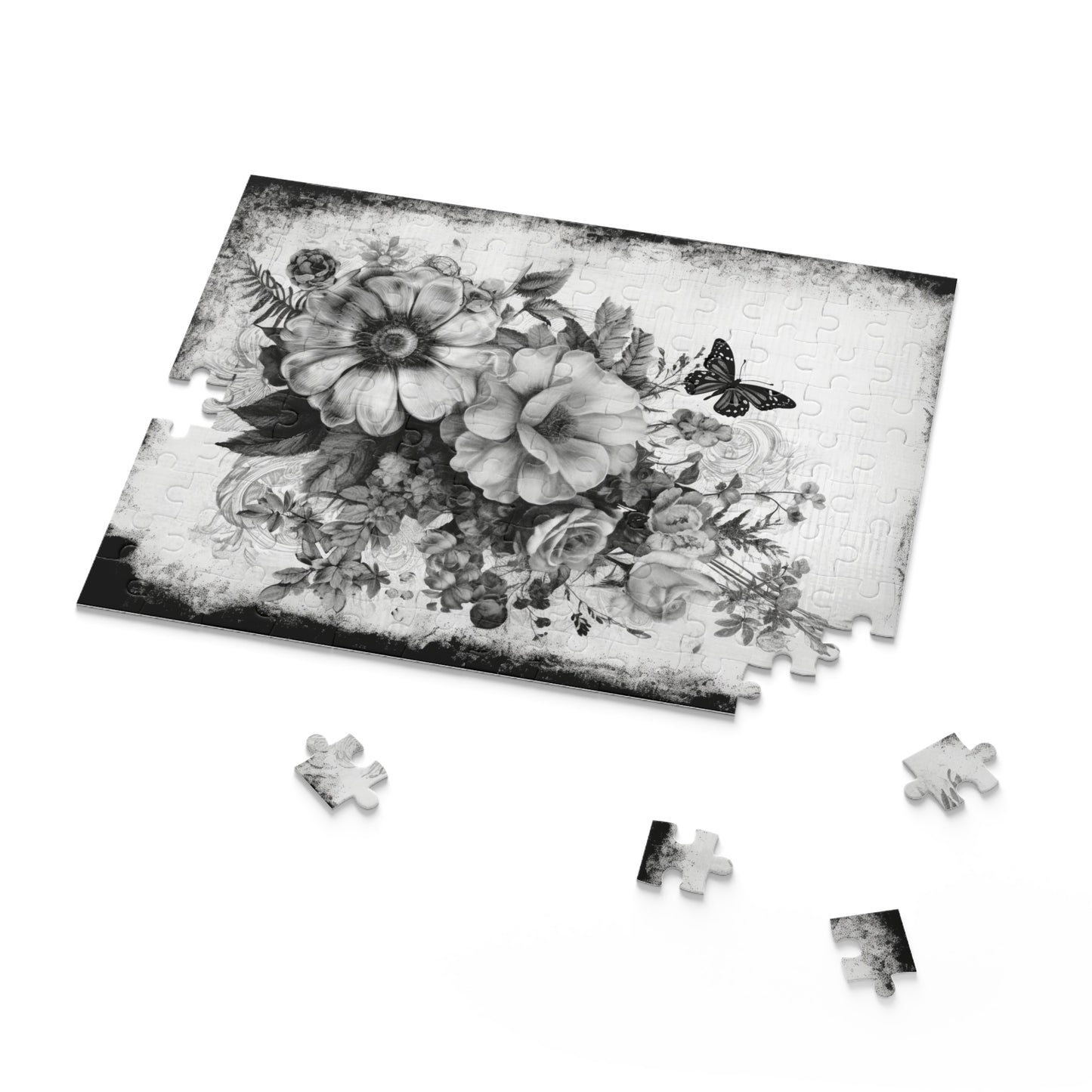 Black & White Roses Puzzle with Butterfly – Custom Elegant Floral Design | 3 Sizes for Mindful Relaxation