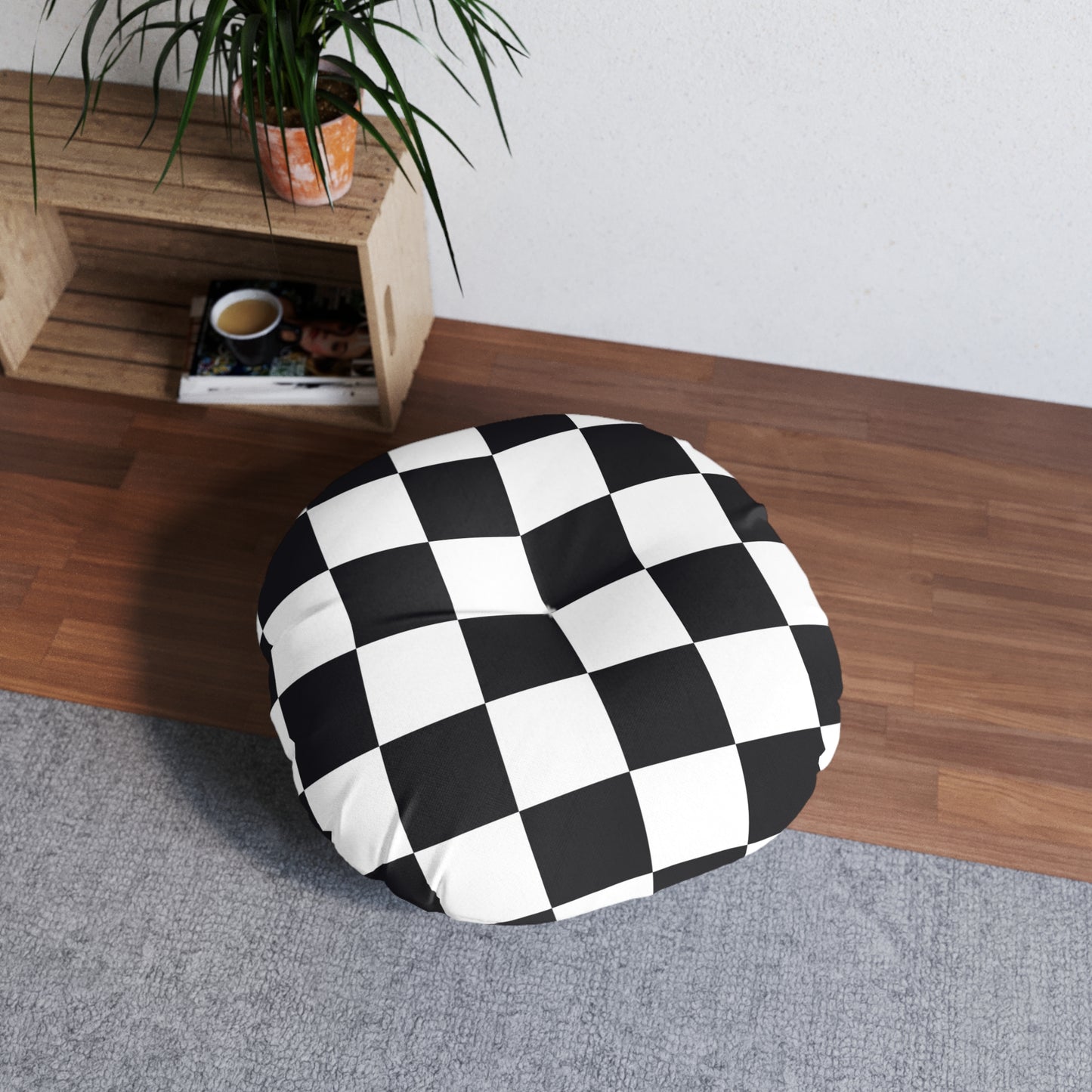 Monochrome Luxe | Black & White Checkered Tufted Round Pillow | Bold Statement in Geometric Elegance