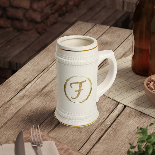 Letter F - Personalized Beer Stein Mug – Custom Initial Ceramic Stein with Gold Accents | Perfect Gift for Beer Lovers