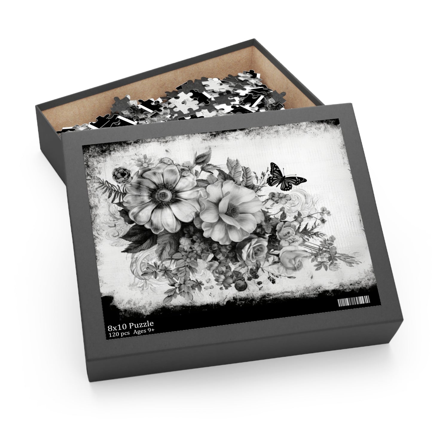 Black & White Roses Puzzle with Butterfly – Custom Elegant Floral Design | 3 Sizes for Mindful Relaxation