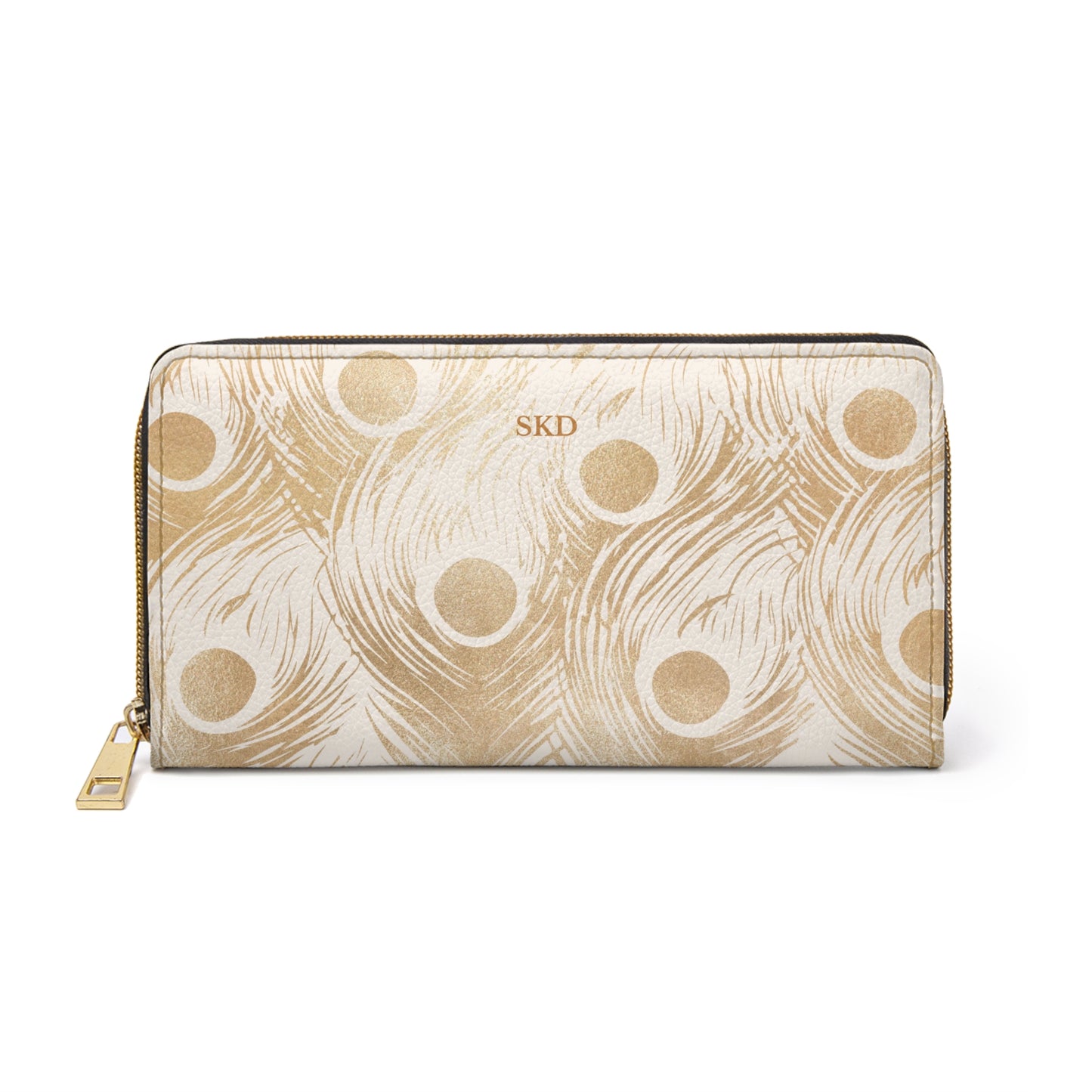 Vault Exclusive: Golden Plume | Gold Peacock Feather-Patterned Zipper Wallet | Luxe Accent Piece for Elegant Evenings