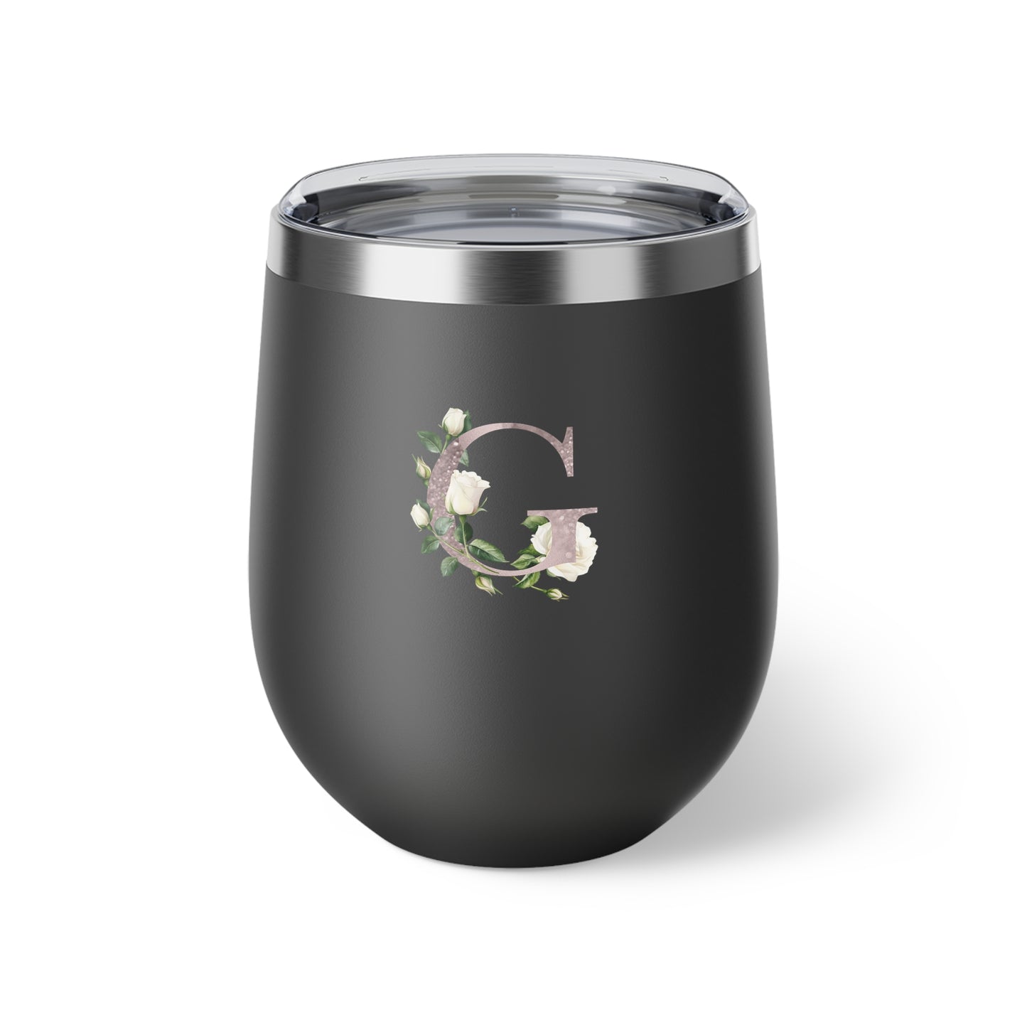 Letter G - Personalized Romantic White Rose Copper Vacuum Insulated Cup, 12 oz – Perfect for Weddings