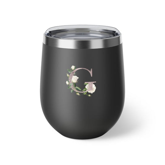 Letter G - Personalized Romantic White Rose Copper Vacuum Insulated Cup, 12 oz – Perfect for Weddings