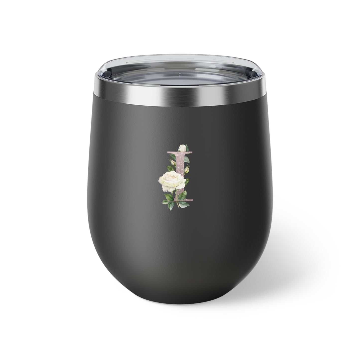 Letter I - Personalized Romantic White Rose Copper Vacuum Insulated Cup, 12 oz – Perfect for Weddings