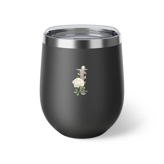 Letter I - Personalized Romantic White Rose Copper Vacuum Insulated Cup, 12 oz – Perfect for Weddings