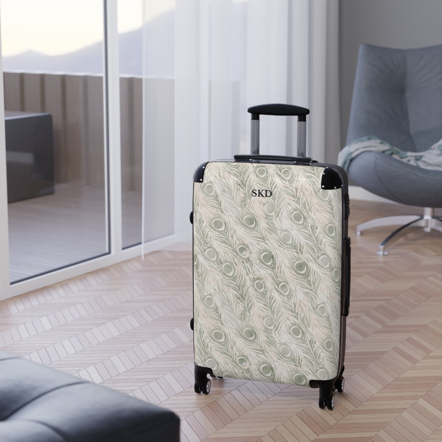 Vault Exclusive: Snowy Plume | White Feather Peacock Patterned Suitcase with Built-In Lock and Durable Protection | Pristine Beauty for Stylish Travel, Lightweight Carry-On, Vacation Essential