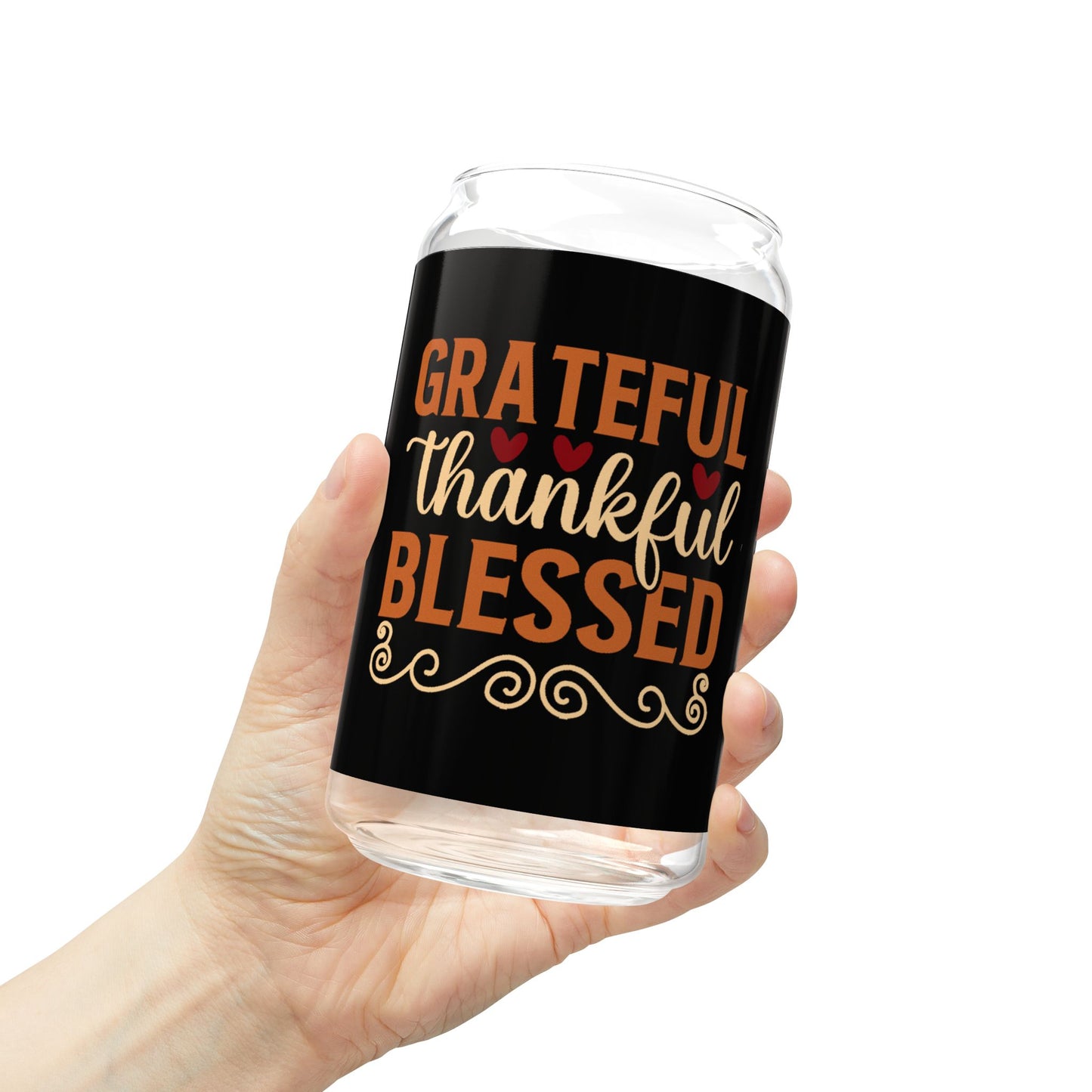 "Grateful Thankful Blessed" | 16oz Custom Sipper Glass with Bamboo Lid & Straw – Perfect for Sweet Treats and Family Parties